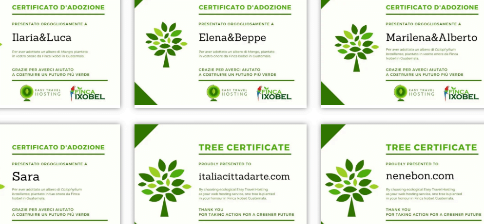 certificati di adozione di un albero Easy Travel Hosting ecologico